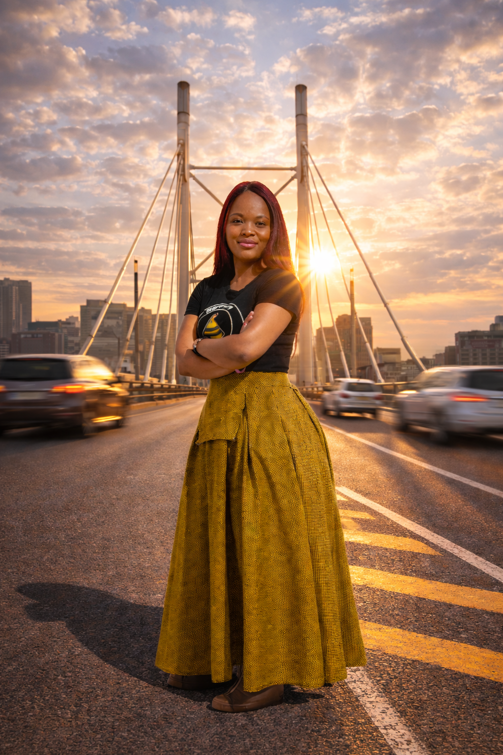 Confident pose at sunrise on bridge Confident pose at sunrise on bridge