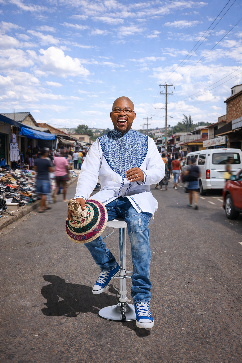 Smiling man in lively township market Smiling man in lively township market